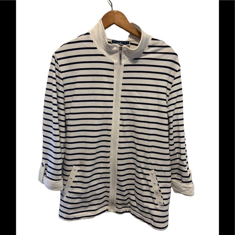 Karen Scott striped navy blue and white shirt jersey nautical worn 1x . Sz L